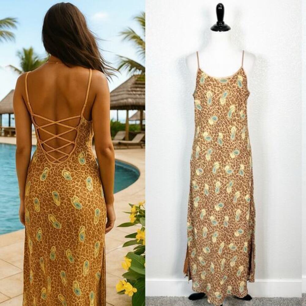 Y2K 90s Paisley Animal Print Festival Chiffon Chemise Slip Dress Size Small - Picture 3 of 15